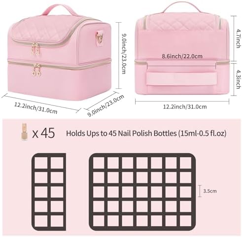 CUBETASTIC Nail Polish Organizer Case, Nail Supplies Storage Box Holds Nail Polish Bottles & Nail Lamp, Travel Nail Tech Carrying Case, Nail Kit Bag For Nail Stuff & Manicure Tools (Pink, 45 Slots)