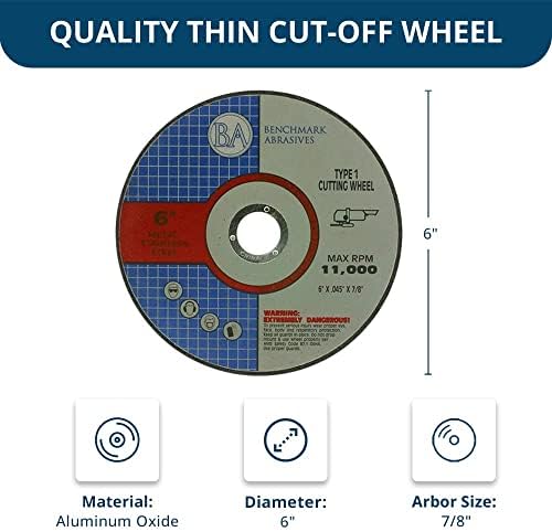 Benchmark Abrasives Aluminum Oxide Thin Type 1 Cut Off Wheels for Metal and Stainless Steel, .045in Thick, 7/8in Arbor (6" | 100 Count)