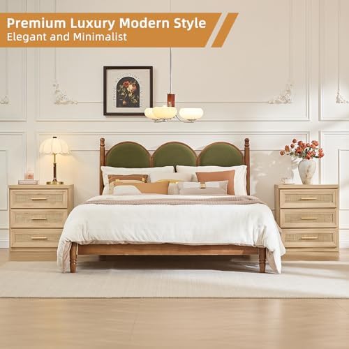 RWYHG Rattan Nightstands Set of 2 Wood 3 Drawer 26" Tall Gold Handle