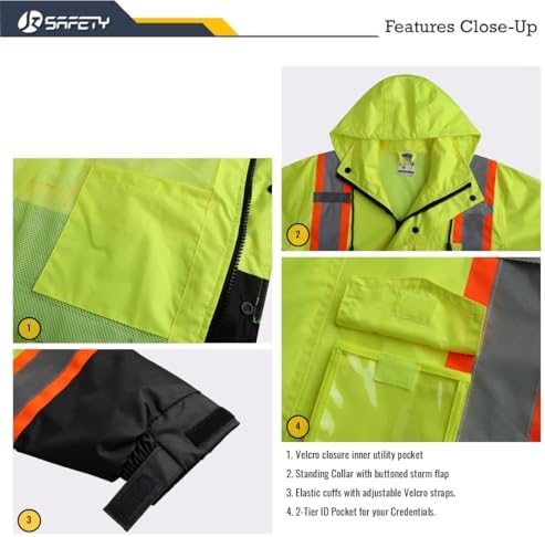 JKSafety Hi Vis Rain Jacket for Men Women Class 3 Rain Gear YBlack 2XL