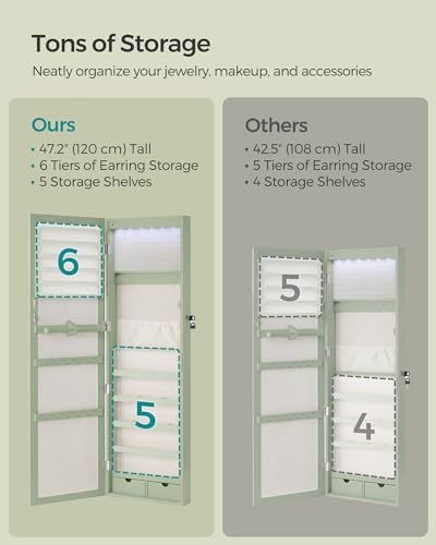 SONGMICS 6 LEDs Mirror Jewelry Cabinet, 47.2-Inch Tall, Lockable