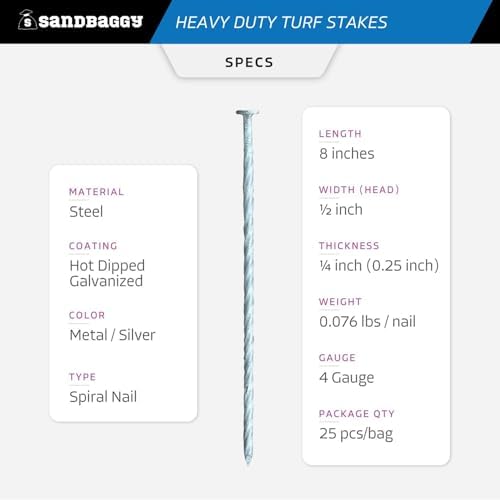 Sandbaggy 8" Heavy Duty Galvanized Artificial Turf Stakes - Spiral Landscape Nails - Ground Spikes/Pins - Synthetic Grass, Lawn, Edging, Weed Barrier Fabric, Garden (8 inch - Heavy Duty, 225, Count)