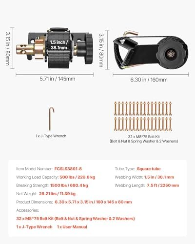 VEVOR Ladder Rack Ratchet Straps, 1.4" Black Square Tube Mount, 1.5'' Wide x 7.5' Long Black Ladder Rack Straps with Double J-Hooks, 500 lbs Load Heavy Duty, Cargo Buckle Lock Strap (8 Pack)