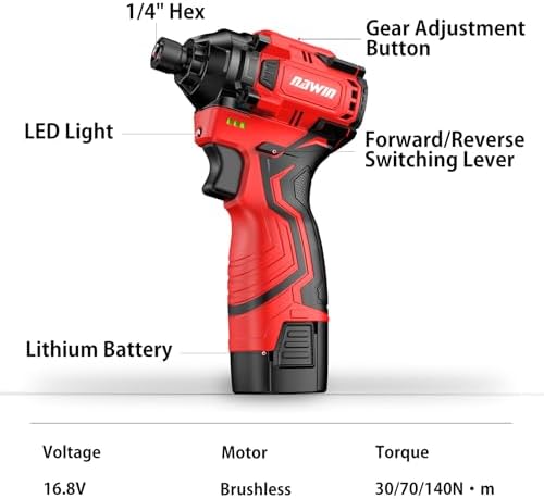 NAWIN Cordless Impact Driver Kit 16.8V Max Torque 140Nm（105ft-lbs）High Rotation Electric Impact Driver Brushless Motor Continuously Variable Rechargeable 1/4" impact driver 2.0Ah Batteries