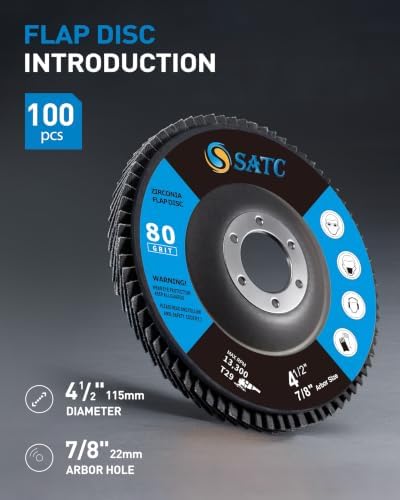 S SATC Premium 4.5" x 7/8" Inch 80 Grit Flap Discs for Angle Grinder 100 Pack Type 29 High Density Zirconia Grinding Wheels for Deburring Finishing