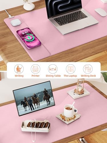 Mouse Pad with 15W Wireless Charging, XXL Large Leather Desk Mat, Pink