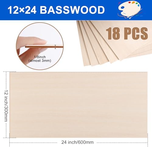 18 Pack 12x24x1/8 Inch Basswood Sheets, Large Size Basswood for Laser Cutting & Engraving, Plywood Wood Board Unfinished Wood Sheets for Crafts, DIY Architectural Models, Wood Burning and Painting.