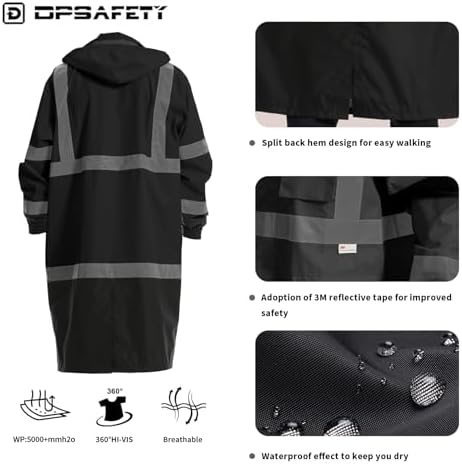 Hi Vis Rain Jacket with 3M Reflective Stripe,High Visibility Class 3 Rain coats,Safety Waterproof Rain Suits for Men with Hood and 2 Large Pockets construction work rain gear(Black 5XL)