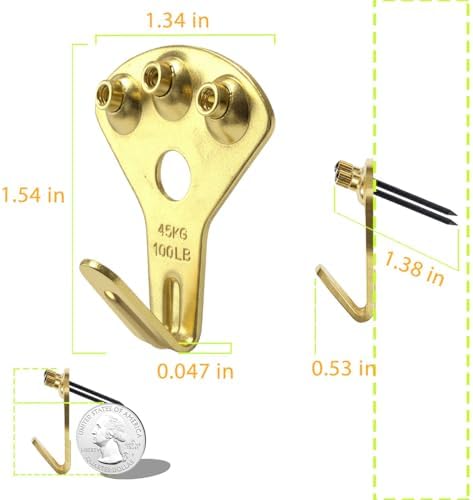 Picture Hangers Heavy Duty, Extra Thick, 100 lb, Decorative Hanging Hooks Hardware for Drywall and Plaster Walls with Large Nailers and Nails, Painting, 60pcs, Gold
