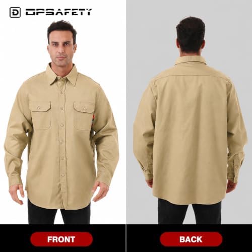 FR Shirt 7oz Fire Resistant Shirts Men's,CAT2 Welding Shirt 100% Cotton Flame Resistant Shirts Khaki (Large)