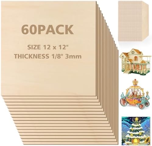 Adrattnay Basswood Sheets 3mm - 1/8 x 12 x 12inch, 60pcs Square Laser Basswood Plywood for Laser Cutting & Engraving DIY Crafts, Wood Burning, Painting, Architectural Model Building