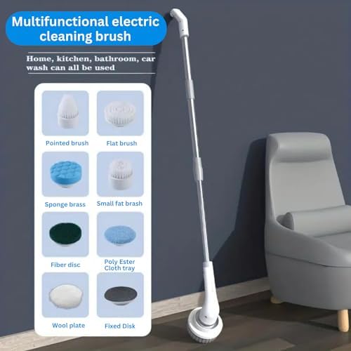 Electric Spin Scrubber 8-in-1 with MOP Clip - Adjustable Extension Arm & 8 Replaceable Brushes - Cordless Cleaning Power Shower Grout Scrubber for Kitchen, Bathroom, Tub, Tile, Floor