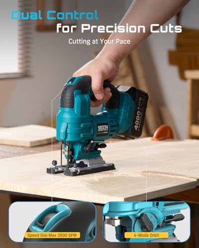 SEESII Brushless Jig Saw, Cordless Jigsaw Tool 2×4.0Ah Batteries
