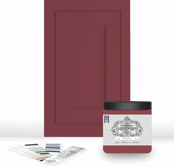 ALL-IN-ONE Paint by Heirloom Traditions, Cordial (Cherry Red), 8oz Sample - Durable cabinet and furniture paint. Built in primer and top coat, no sanding needed. Includes our 30 featured color card.