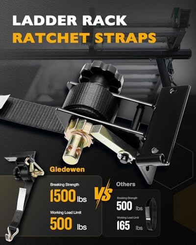 Ladder Rack Ratchet Straps with J-Hook (Pair), 1.4" Black Square Tube Mount
