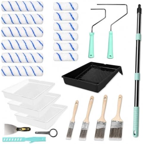 32PCS Paint Roller Kit with Adjustable Extension Pole, Microfiber Rollers, Paint Brushes, Tray Liners, Painter’s Tape and Drop Cloth for Walls, Ceilings, Furniture and Home Improvement Projects