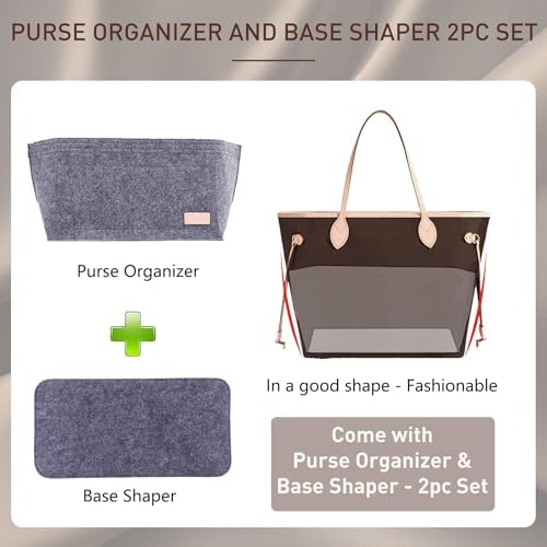 Doxo Purse Organizer Insert for Handbags & Base Shaper 2pc Set, Felt Neverfull MM Organizer Insert, Tote Bag Organizer with Zipper Pocket and Bottle Holder, Fit Speedy 30 Neverfull MM and More,Gray-L