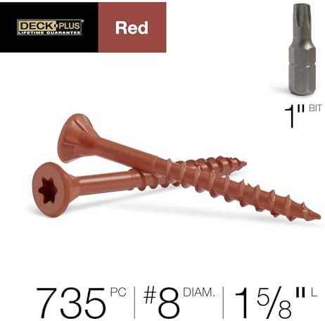 Deck Plus 1-5/8 Inch Epoxy Coated Exterior Wood and Fence Screws #8 x 1-5/8" Torx/Star Drive Included Coarse Thread, Outdoor Rust Resistant Decking Screw, Red, 5lb Box, 186 Pieces | 48426