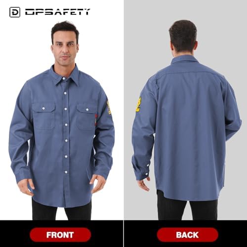 FR Shirts for Men 7oz Hi Vis Fire Resistant Shirts CAT2 Welding Shirt 100% Cotton Flame Resistant Shirt Light Blue(4X-Large)