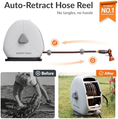 Giraffe Tools Ground-Mounted Retractable Garden Hose Reel,1/2" x 82FT