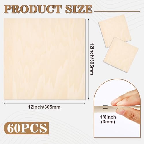 60 Pack Basswood Sheets for Crafts,12"x12"x1/8" 3mm Thick Plywood Sheets with Smooth Surfaces-Unfinished Squares Wood Boards for Laser Cutting, Wood Burning, Architectural Models, Staining