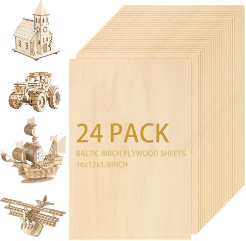 24Pcs 16 x 12 x 1/8 Inch Baltic Birch Plywood Sheets 3mm Unfinished Plywood Sheet for Arts and Crafts, Painting, Pyrography, Wood Engraving, Wood Burning, Laser, Architectural Models