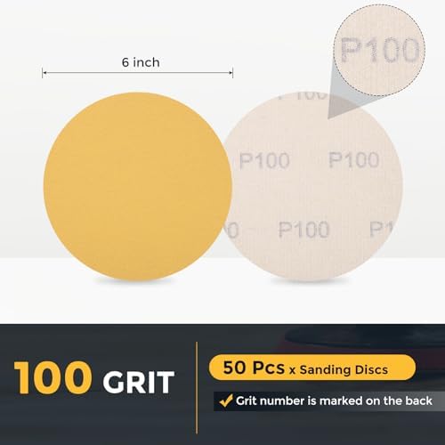 HARFINGTON 50 Pcs 6 Inch Sanding Discs 100 Grit Yellow Aluminum Oxide