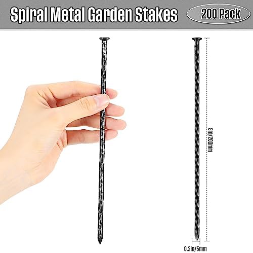 200 Pack 8 Inch Spiral Metal Garden Stakes Landscape Spikes Artificial Turf Stakes Landscape Edging Anchoring Spikes Heavy Duty Grass Nails for Artificial Turf Paver Edges(Black)