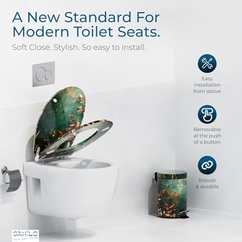 Sanilo Wooden Toilet Seat with Quick Release & Soft Close [ROUND] - Decorative & Slow Close Molded Wood Seat - With One Click for Easy Installation & Cleaning - With Adjustable Fit (Greego)