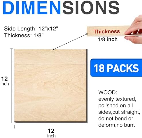 18 Pack Basswood Sheets 12"x12"x1/8" for Crafts, Unfinished Basswood Craft Board Perfect for DIY Ornaments and Models, Drawing, Painting, Engraving, Wood Burning, Laser Cutting