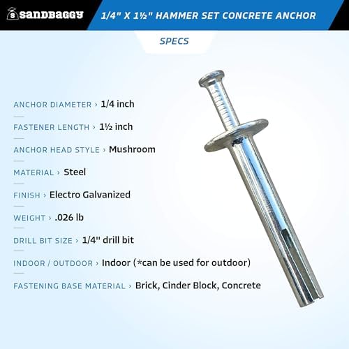 Sandbaggy 1/4" x 1-1/2" Hammer Set Concrete Anchor - Metal Hammer Drive Pin Anchors - Rust Resistant Galvanized Finish (600, 1/4" x 1-1/2")