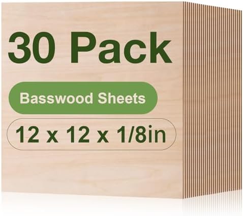Rowood 30 Pack Basswood Sheets 1/8,3mm Basswood for Laser Cutting,Adult Craft Project Kits,Thin Unfinished Wood for DIY Ornaments,Wood Engraving Burning Architectural Model