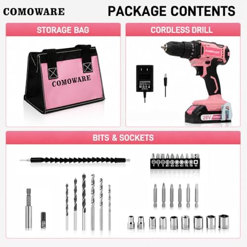 COMOWARE Cordless Drill Set, 20V Pink Power Drill Set for Women, 1 Battery & Charger, 3/8" Keyless Chuck, 2 Variable Speed, 266 In-lb Torque, 25+1 Position, with Pink Storage Bag