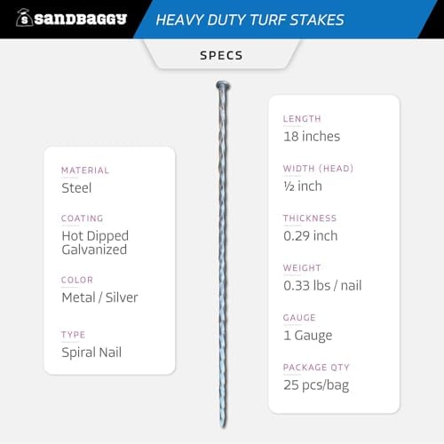 Sandbaggy 18" Heavy Duty Galvanized Artificial Turf Stakes - Spiral Landscape Nails - Ground Spikes/Pins, Synthetic Grass, Lawn, Edging, Weed Barrier Fabric (18 inch - Ultra Heavy Duty, 25, Count)