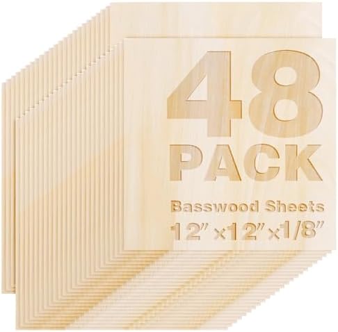 Basswood Sheets 12"x12"x1/8",3mm Basswood for Laser Cutting,Thin Plywood Board Unfinished Wood for Crafts, DIY Architectural Models Making, Wood Engraving (12inchx12inch-1/8-48Packs)