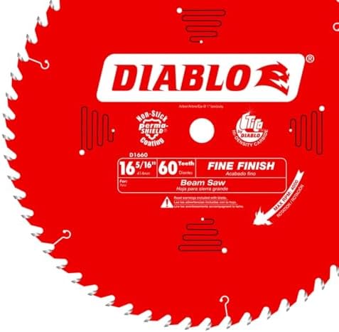 Diablo Fine Finish Saw Blade for Wood - 16-5/16" Diameter, 60 ATB Teeth, 1" Arbor, .114" Kerf, 22° Hook Angle, .079" Plate, 4000 Max RPM - D1660X