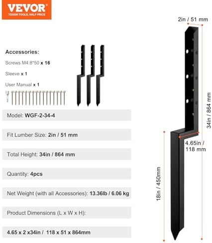 VEVOR Fence Post Anchor, 4 Pack Repair Kit Inner Diameter 2 x2 Inches Heavy Duty Steel Post Support Stakes, Anchor Ground Spike for Repair Tilted, Broken Wood Fence Post