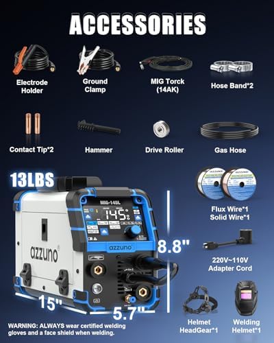 AZZUNO 145A MIG Welder with Helmet, 110/220V 4-in-1 Gas/Gasless Flux MIG