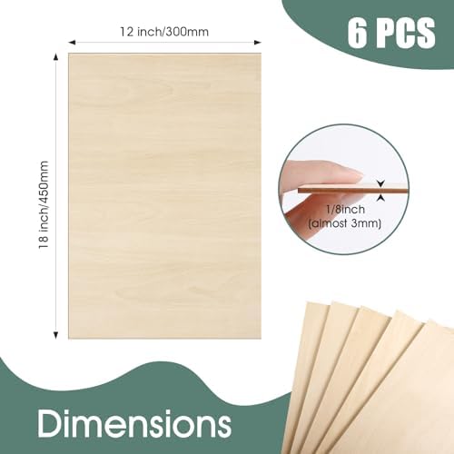 6 Pack Basswood Sheets for Crafts 1/8x12x18 Inch 3mm Larger Basswood for Laser Cutting, Drawing,Wood Burning, Architectural Models.Plywood Sheets Unfinished Squares Wood Boards for DIY Crafts.