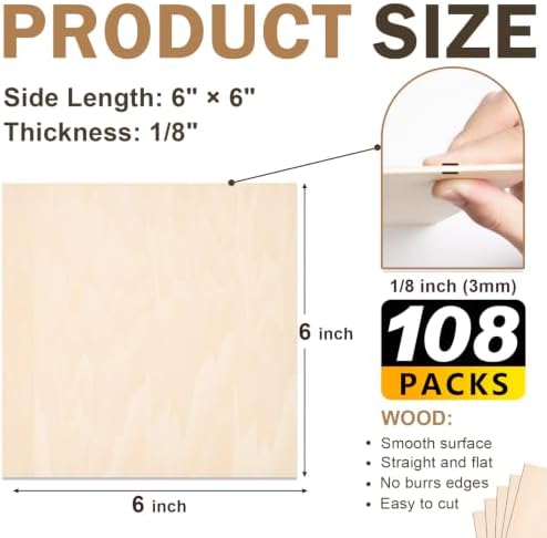 108 Pack Basswood Sheets for Crafts, 6"x6"x1/8" 3mm Thick Plywood Sheets with Smooth Surfaces-Unfinished Squares Wood Boards for Laser Cutting, Wood Burning, Architectural Models, Staining