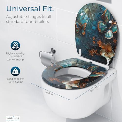 Sanilo Wooden Toilet Seat with Quick Release & Soft Close [ROUND] - Decorative & Slow Close Molded Wood Seat - With One Click for Easy Installation & Cleaning - With Adjustable Fit (Mariposa)