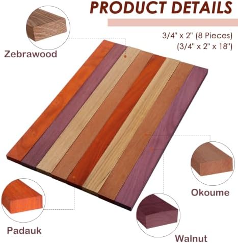 Novabright 8 Pcs Exotic Hardwood Lumber 3/4" x 2" x 18"