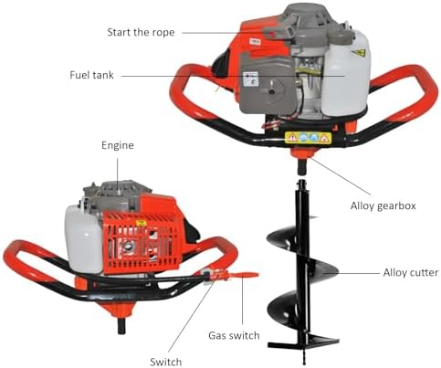 85cc 4HP Post Hole Digger Gas Powered, Gas Earth Auger/Ice Auger, with 3 Drill Bits 4"/8"/12" + 2 Extension Bar, One Man Earth Auger for Planting Fence, EPA Compliant Post Hole Auger