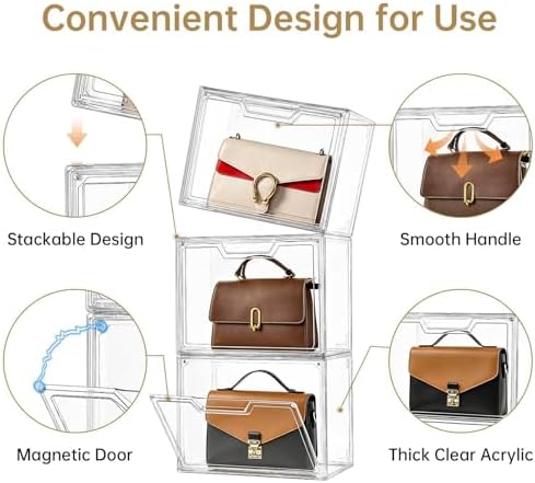 Purse Organizer for Closet,Clear Acrylic Display Case for Handbag Organizer, Purse Storage Box with Magnetic Door, Plastic Storage Bins for Book, Collectibles, Cosmetic (9 Pack)