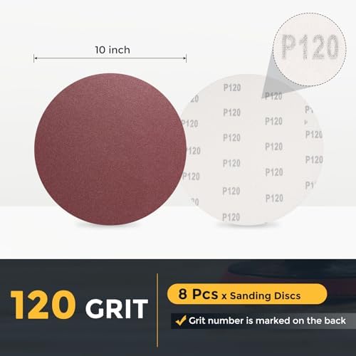 HARFINGTON 8 Pcs 10 Inch Sanding Discs, 120 Grit Hook and Loop Sandpaper, No-Hole Aluminum Oxide Round Sanding Paper for Woodworking Automotive Metal Polishing, Red
