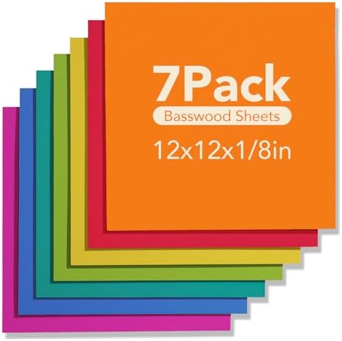 ROBOTIME 7-Pack Double-Sided Colored 1/8" Plywood Sheets - 12 x 12 x 1/8 Inch - Roller-Coated Solid Color 3mm Craft Wood Sheets for Laser Cutting - Assorted Colors - WB124
