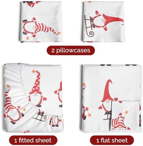 Christmas Sheet Set, Holiday Gnomes Red, Holiday Xmas Bedding Set - Full