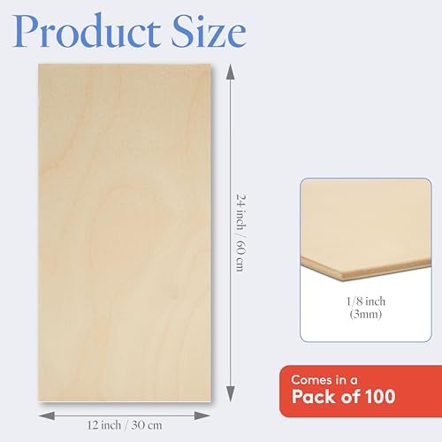 Baltic Birch Plywood, 3 mm 1/8 x 12 x 24 Inch Craft Wood, Box of 100 B/BB Grade Baltic Birch Sheets, Perfect for Laser, CNC Cutting and Wood Burning, by Woodpeckers