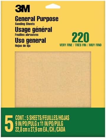 3M Sandpaper, 220 Grit, 5 Sheets, 9 in x 11 in, Sands Paint, Wood & Metal, Great for General Purpose Sanding, Very Fine Aluminum Oxide Sand Paper (9000NA-20), 2-Pack