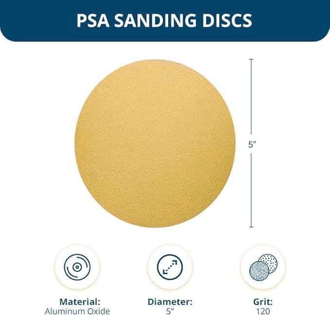 Benchmark Abrasives PSA Gold 5 Inch Self Adhesive Sanding Discs w/Aluminum Oxide Grains DA Sandpaper - 5 Inch Sanding Discs Roll - Surface Blending, Automotive, Orbital Sanders (100 Discs), 120 Grit
